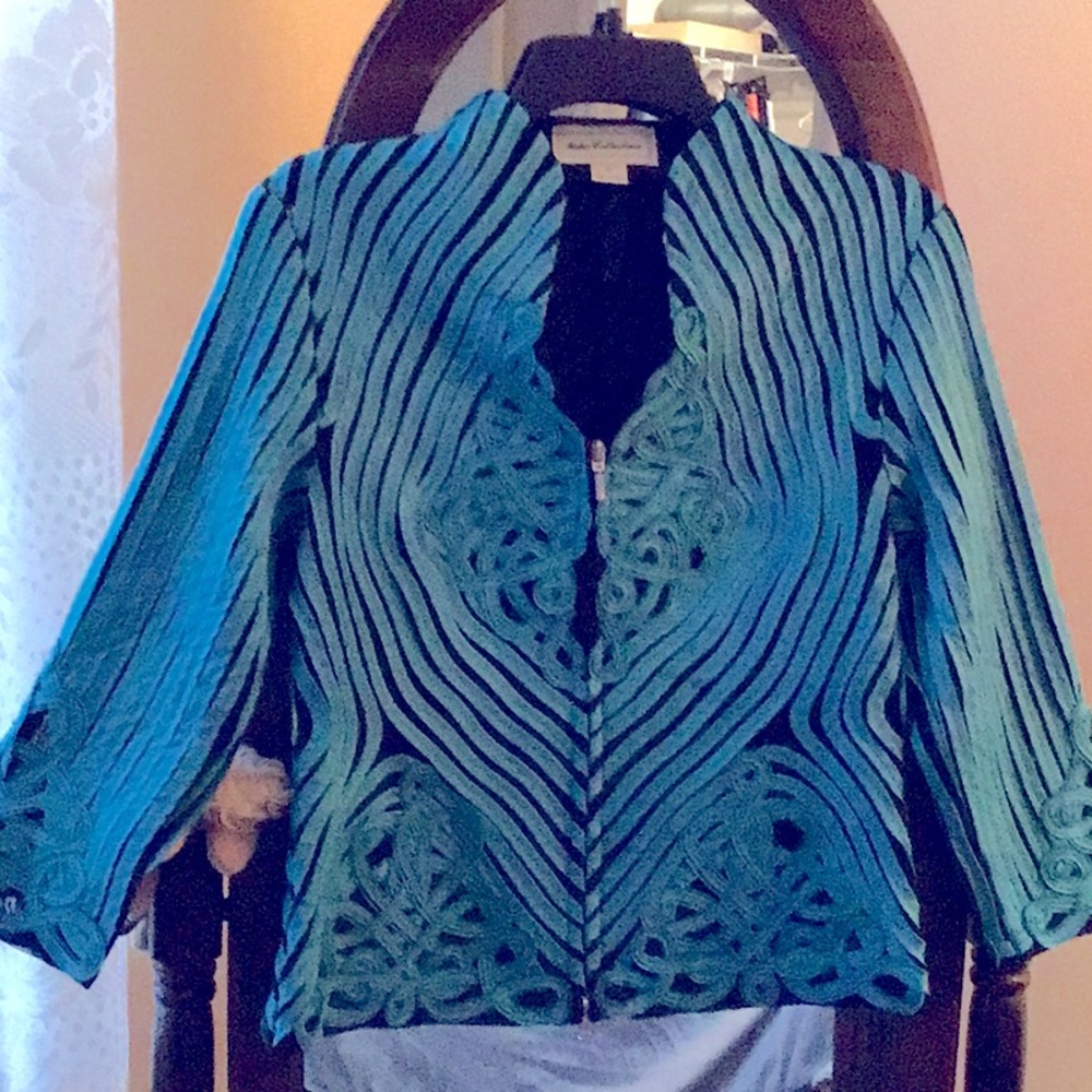 Gorgeous brilliant aqua (turquoise) on black soutache embroidered jacket.